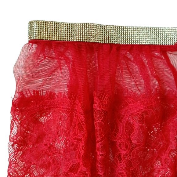 VS Lipstick Red Silver Rhinestone Shine Sheer Lace Skirt With Garters M/L NEW - Picture 6 of 10